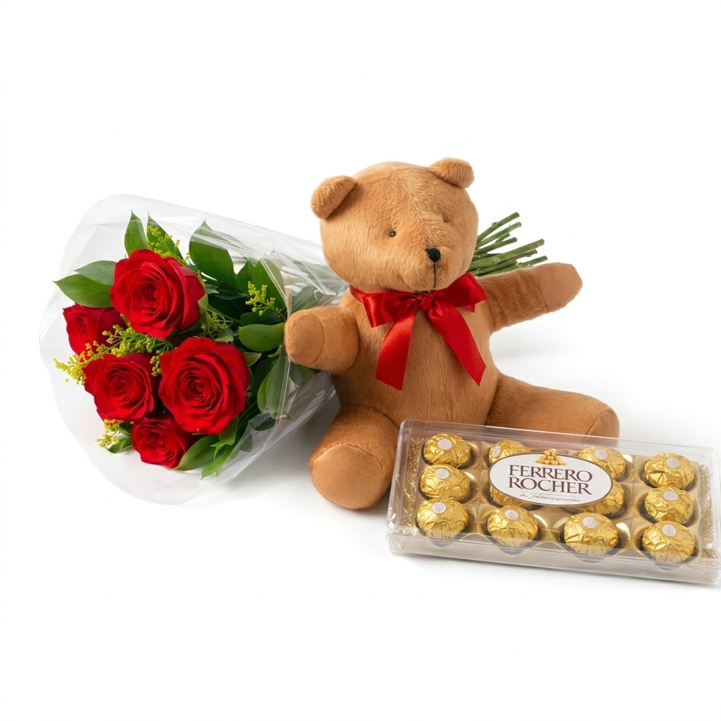 Buqu� com 8 Rosas + Pel�cia + Chocolate