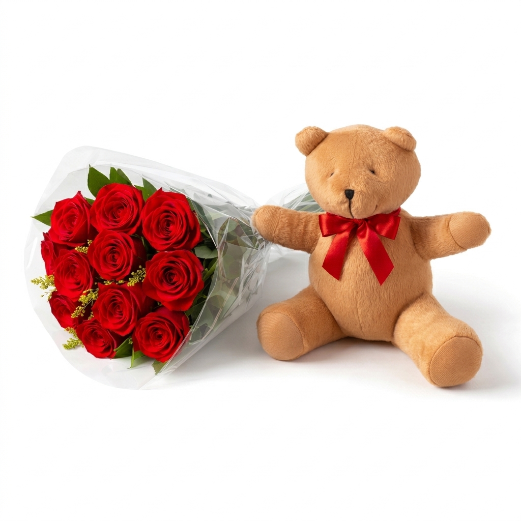 Buqu� 12 Rosas Vermelhas + Pel�cia