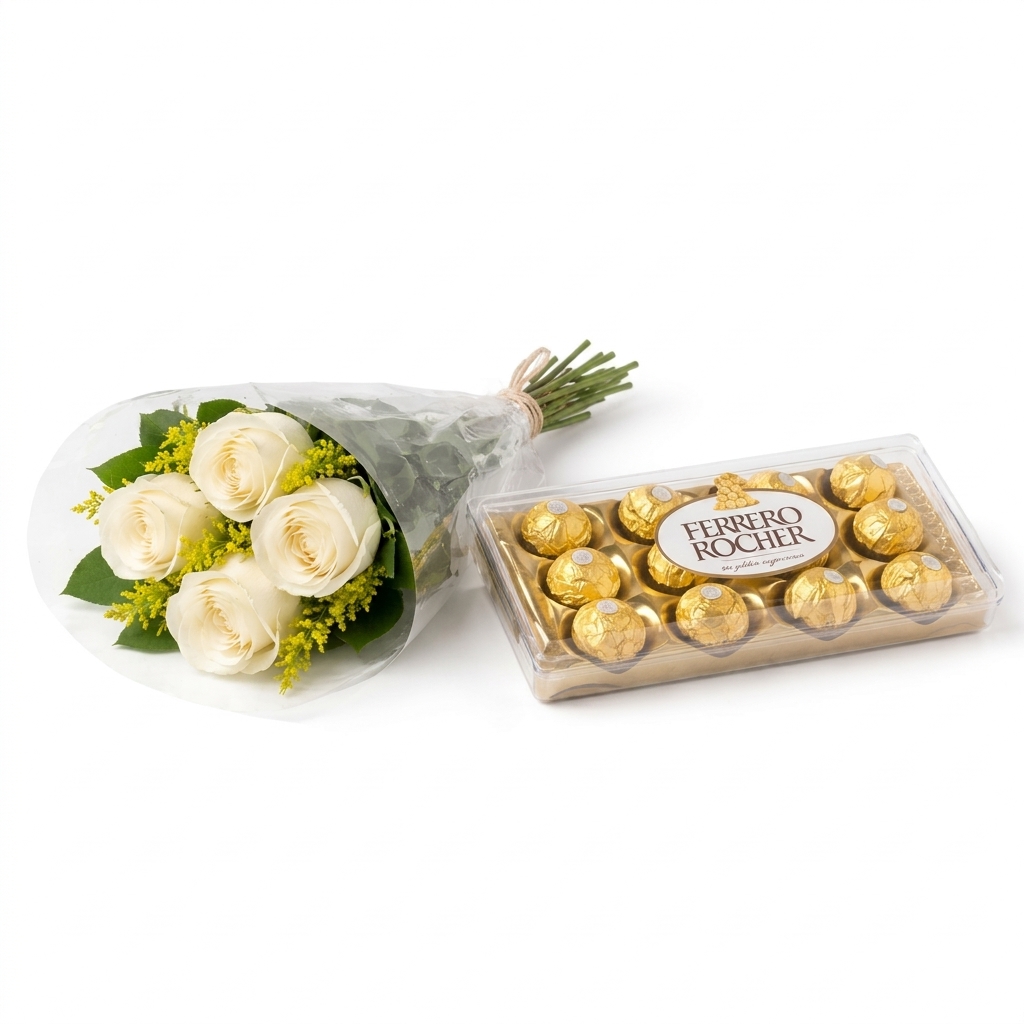 Buqu� 04 Rosas Brancas + Ferrero 12 unidades