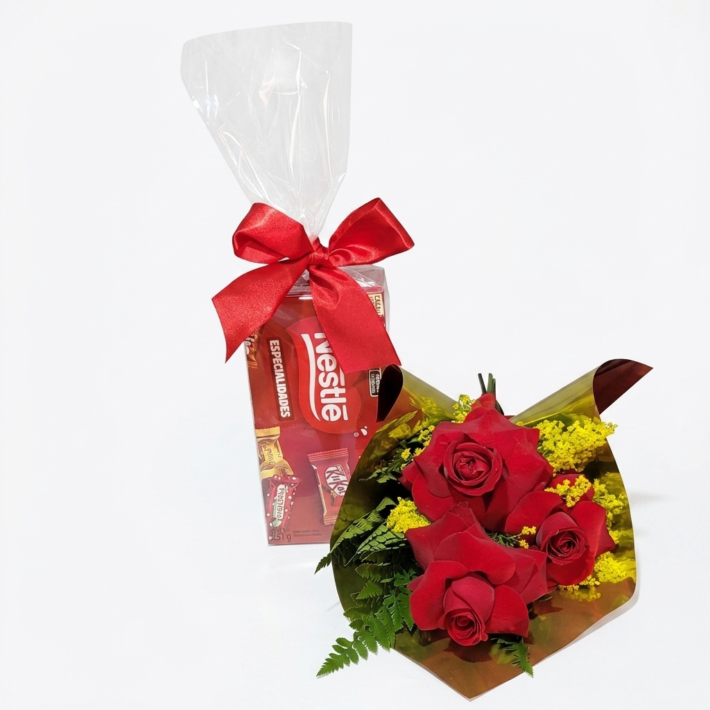 Kit Carinho: 3 Rosas e Bombons