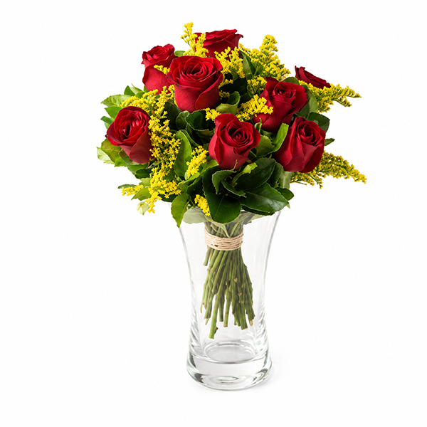 Vaso de Vidro com 8 Rosas Vermelhas