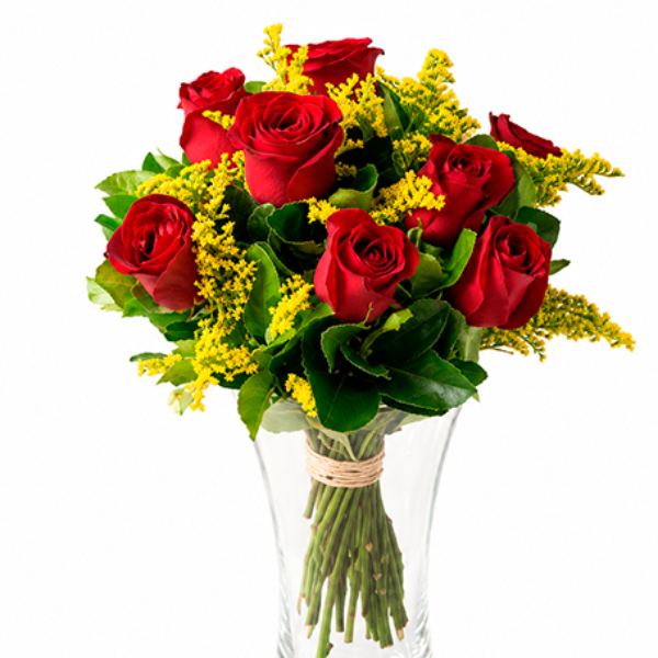 Vaso de Vidro com 8 Rosas Vermelhas