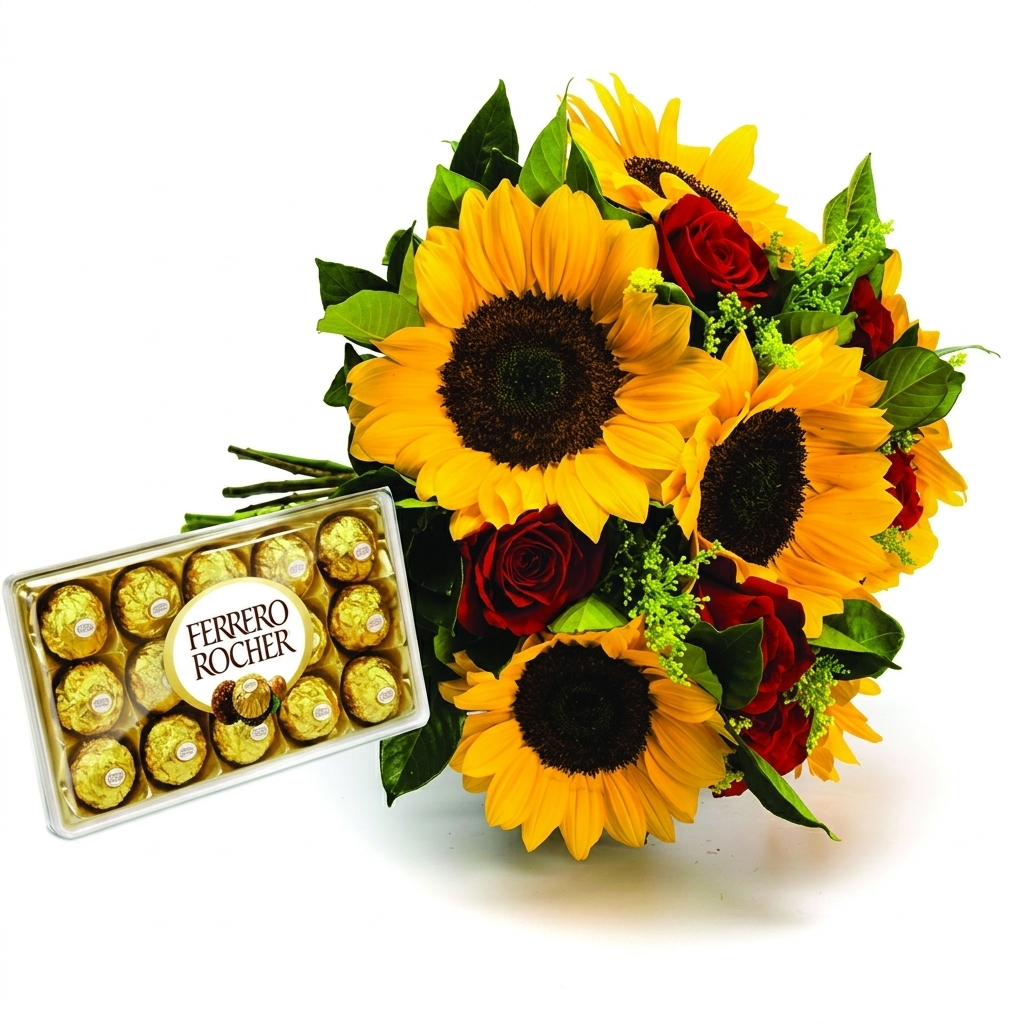 Buqu� Do�ura Solar: Buqu� de Girass�is e Chocolates Finos
