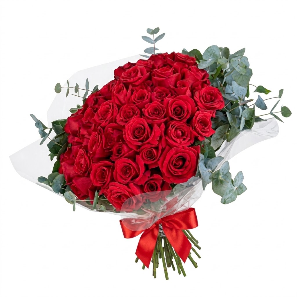 Buqu� Chuva de Rosas Rubras: 50 Rosas Importadas