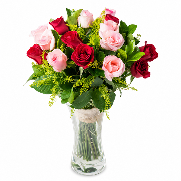 Vaso de Vidro com 36 Rosas em 2 Cores