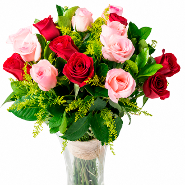 Vaso de Vidro com 36 Rosas em 2 Cores