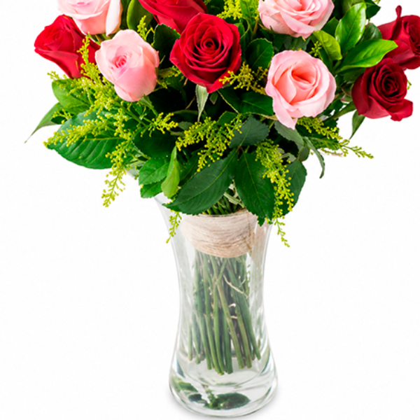 Vaso de Vidro com 36 Rosas em 2 Cores