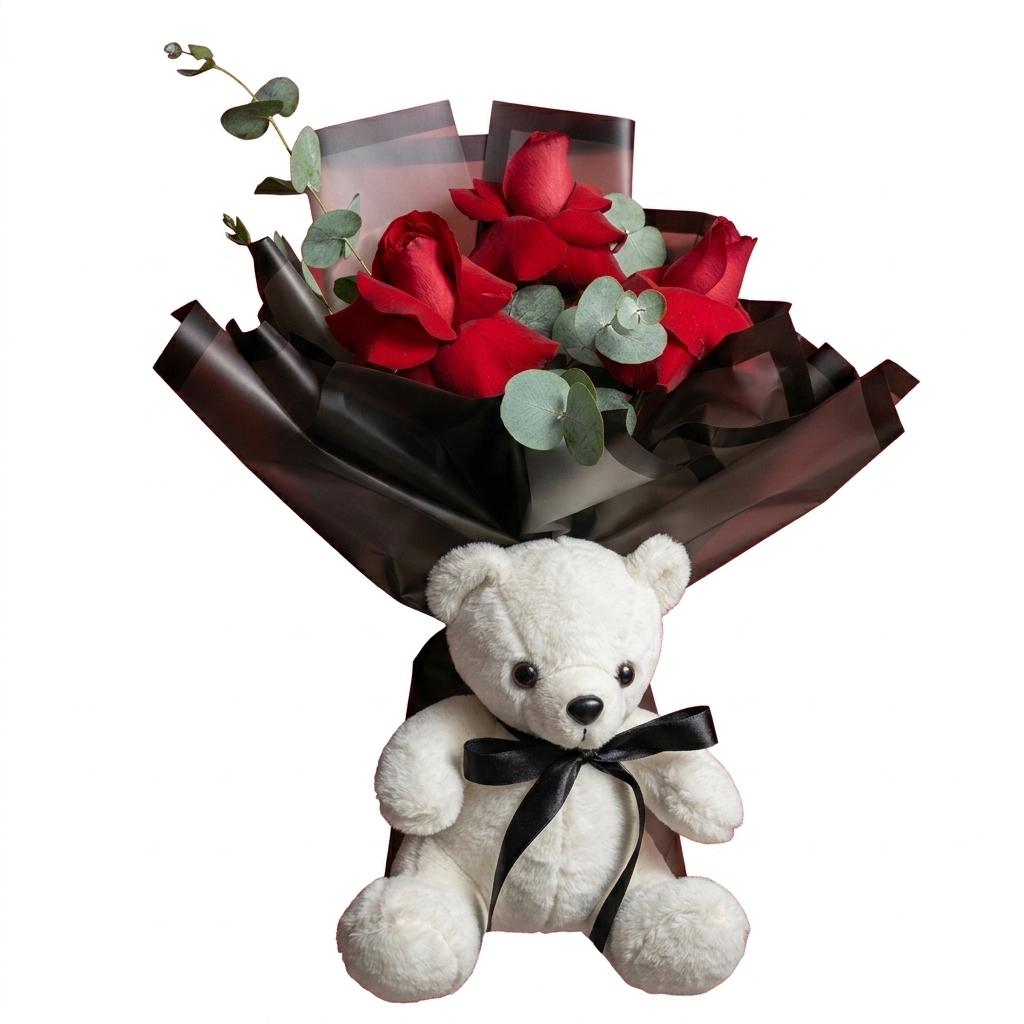 Buqu� Coreano 3 rosas importadas + Pel�cia