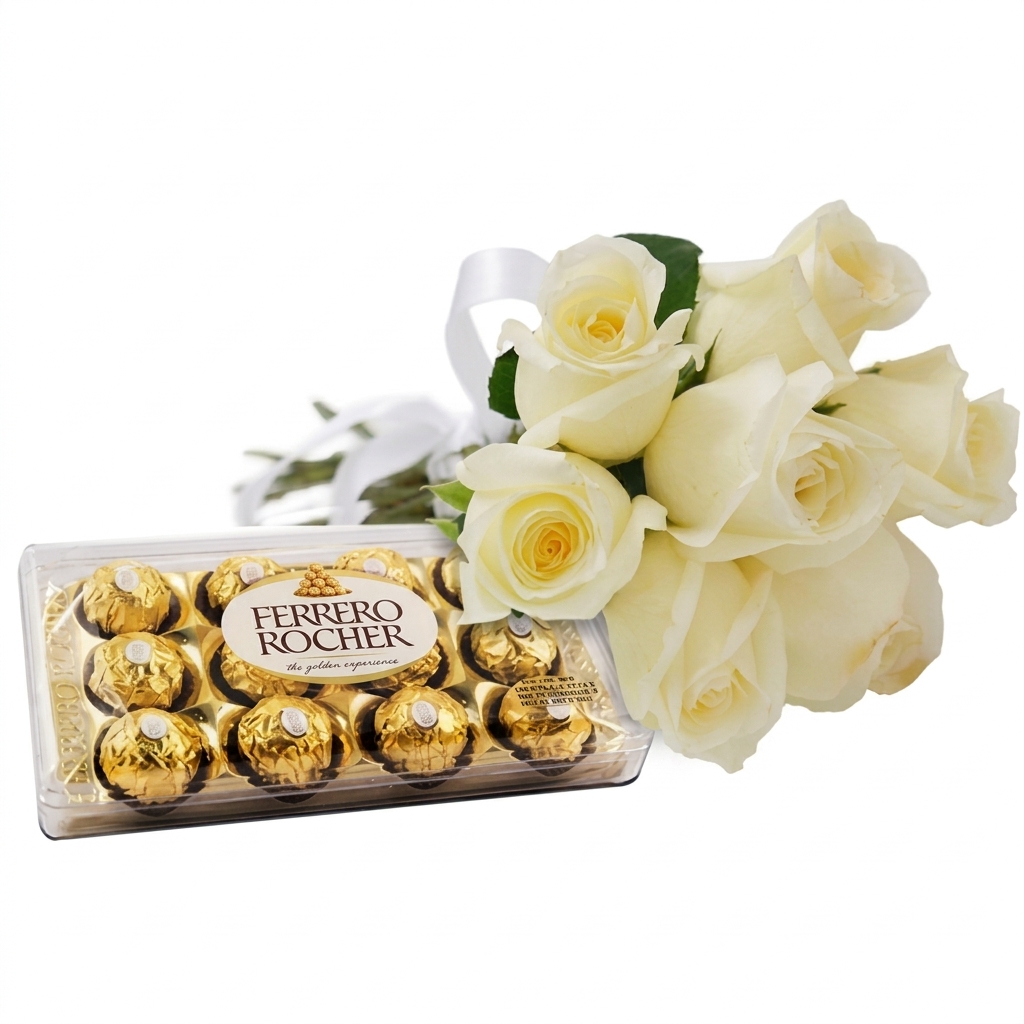 Buqu� Pureza e Do�ura: Buqu� de 7 Rosas Brancas e Ferrero Rocher